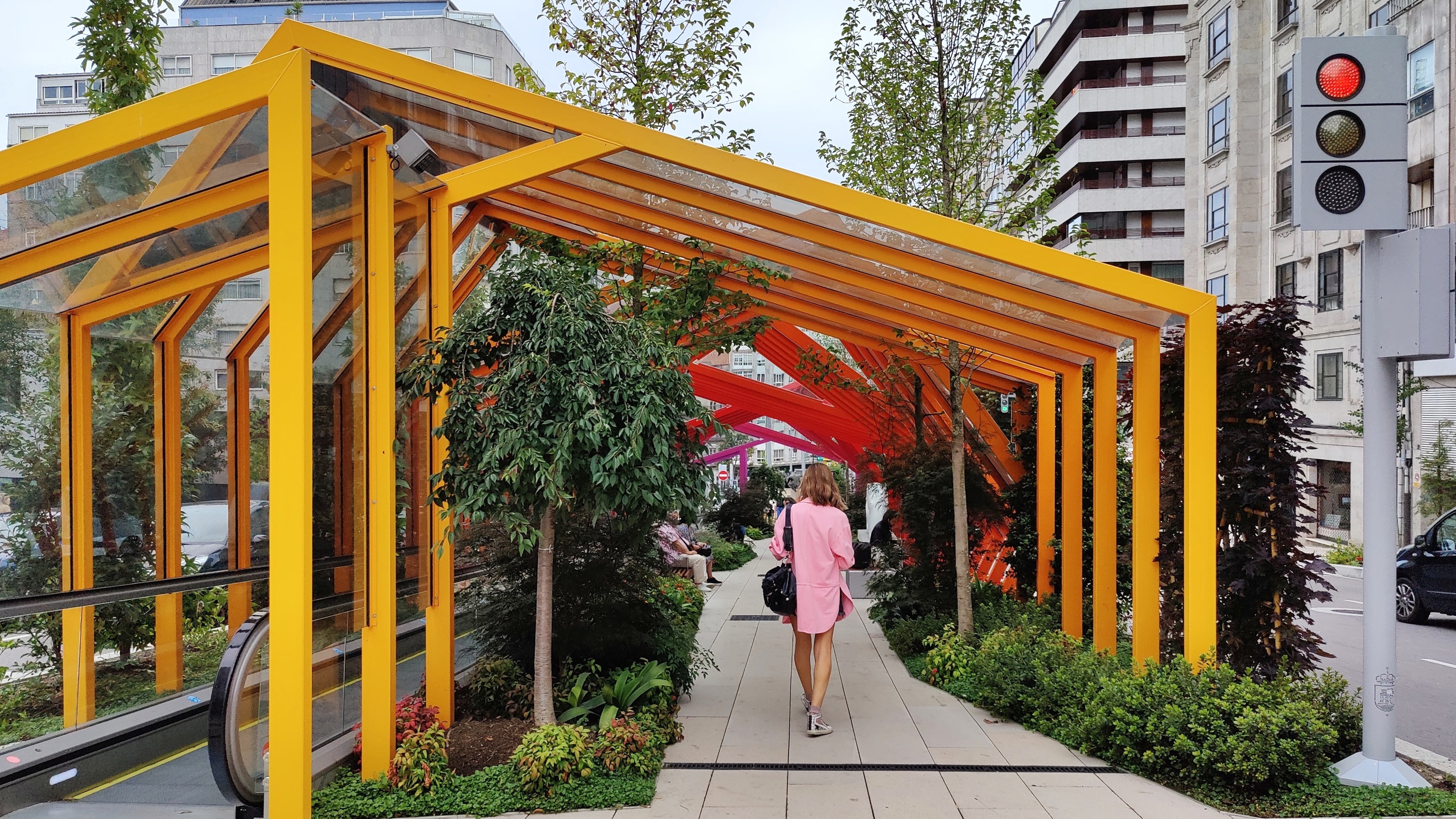 Public escalators, colourful roof & greenery in Vigo, Galicia, Spain